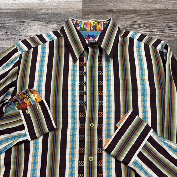 Robert Graham Brown Green Men's M Flip Cuff Stripes Floral Button Shirt Abstract - Picture 1 of 10